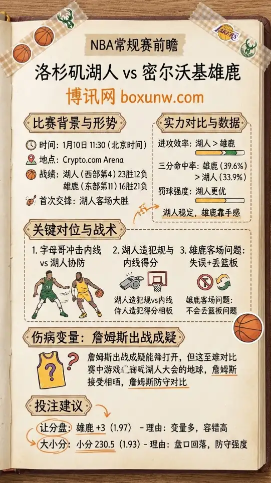 洛杉矶湖人 vs 密尔沃基雄鹿 | NBA常规赛 | 前瞻分析与投注技巧