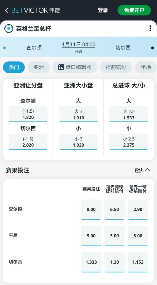 查尔顿vs切尔西，足总杯赔率和盘口信息-188bet(taptap)提供