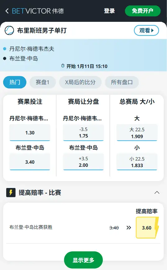布里斯班男单决赛 - 梅德韦杰夫 vs 中岛 - 赔率盘口信息伟德(BetVictor)提供