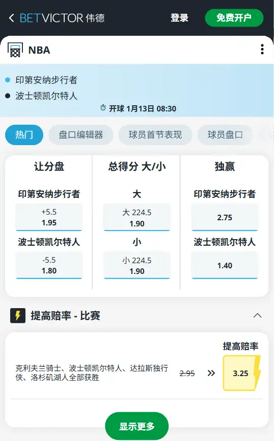 步行者vs凯尔特人-NBA博彩赔率和盘口信息-伟德(betvictor)提供