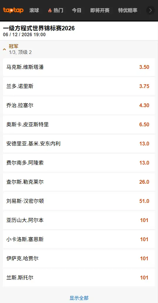 2026年F1比赛赔率信息-188bet(TapTap)提供