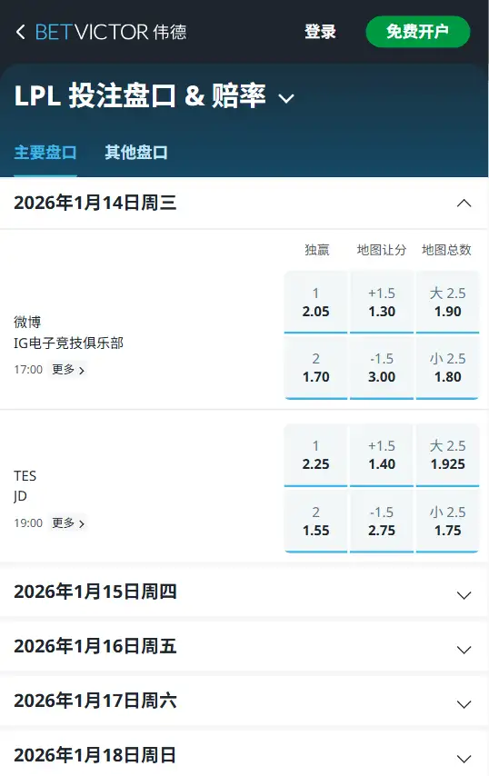 2026英雄联盟LPL 第一赛段 赔率盘口信息伟德(BetVictor)提供