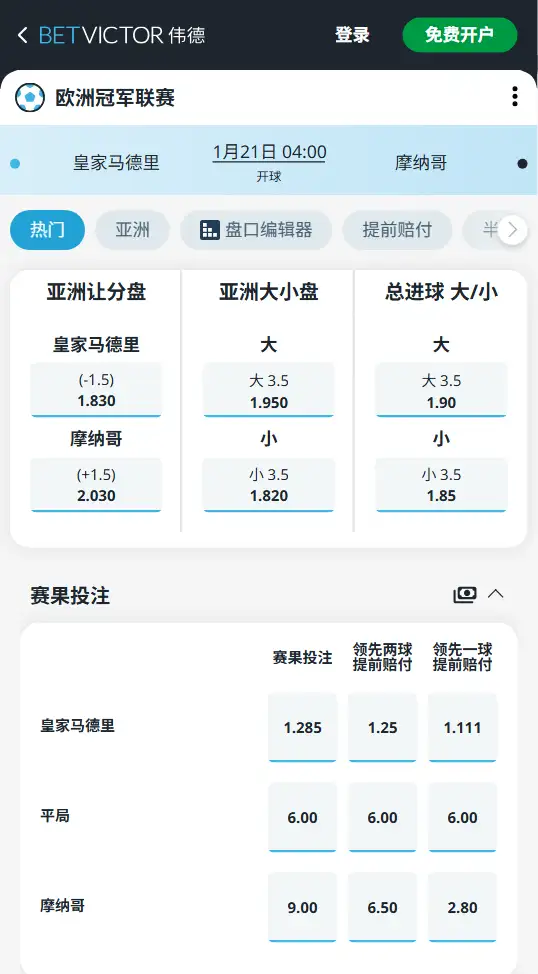 皇家马德里vs摩纳哥,欧冠赔率和盘口信息-伟德(BetVictor)提供