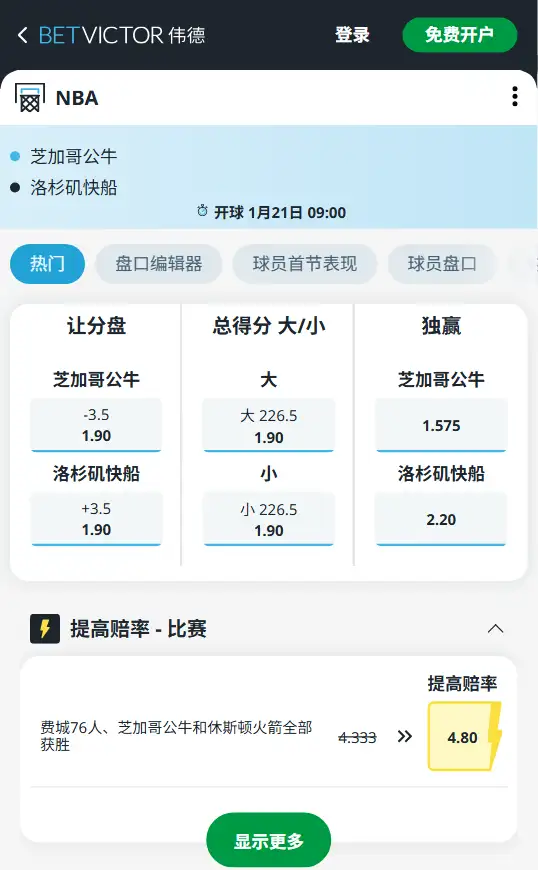 公牛vs快船-NBA博彩赔率和盘口信息-伟德(betvictor)提供