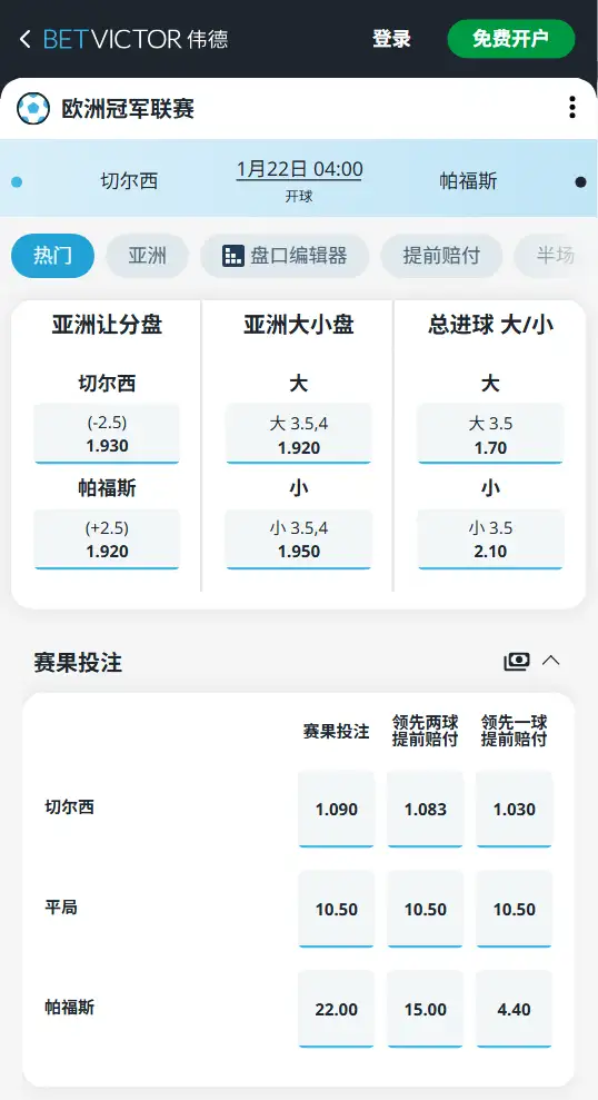 切尔西vs帕福斯,欧冠赔率和盘口信息-伟德(BetVictor)提供