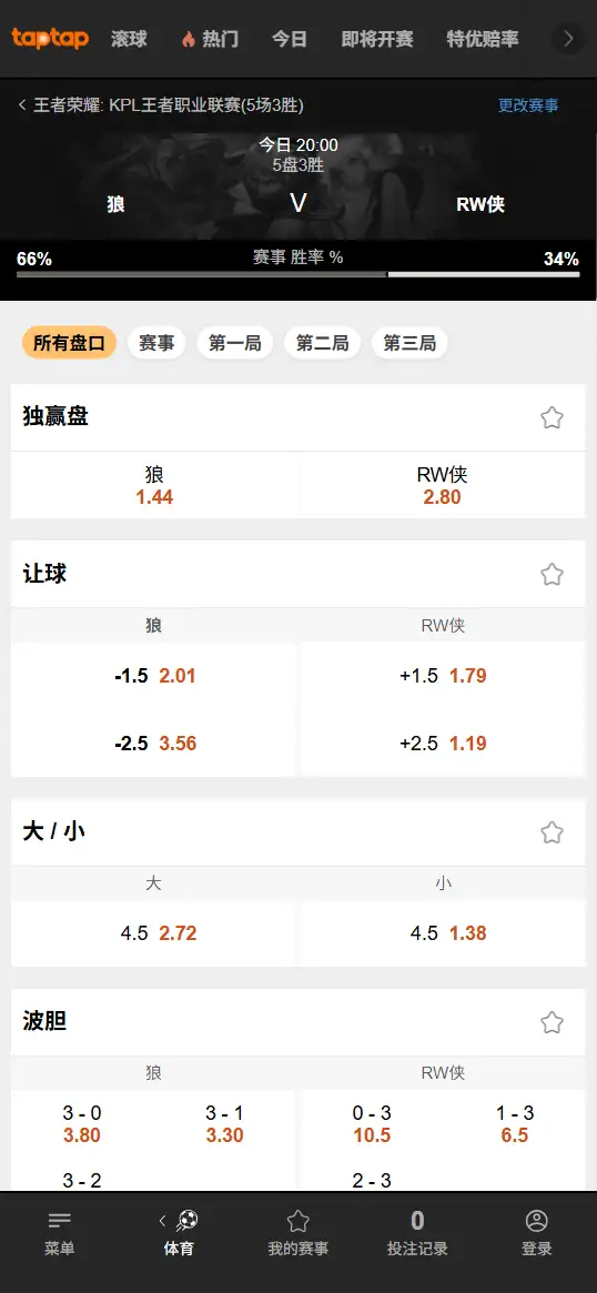 济南RW侠vs重庆狼队 - 2026王者荣耀KPL - 赔率盘口信息188bet(TapTap)提供