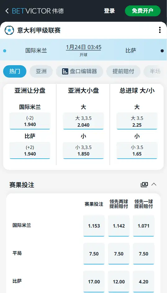 国际米兰vs比萨，意甲赔率和盘口信息-伟德(BetVictor)提供