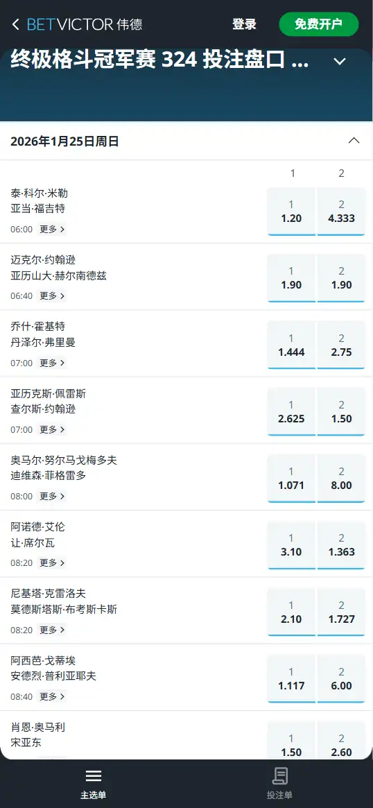 UFC324的赔率盘口信息 - 伟德(BetVictor)