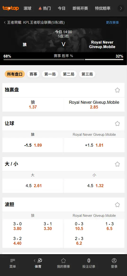 重庆狼队 vs 上海RNG.M - 2026王者荣耀KPL - 赔率盘口信息188bet(TapTap)提供