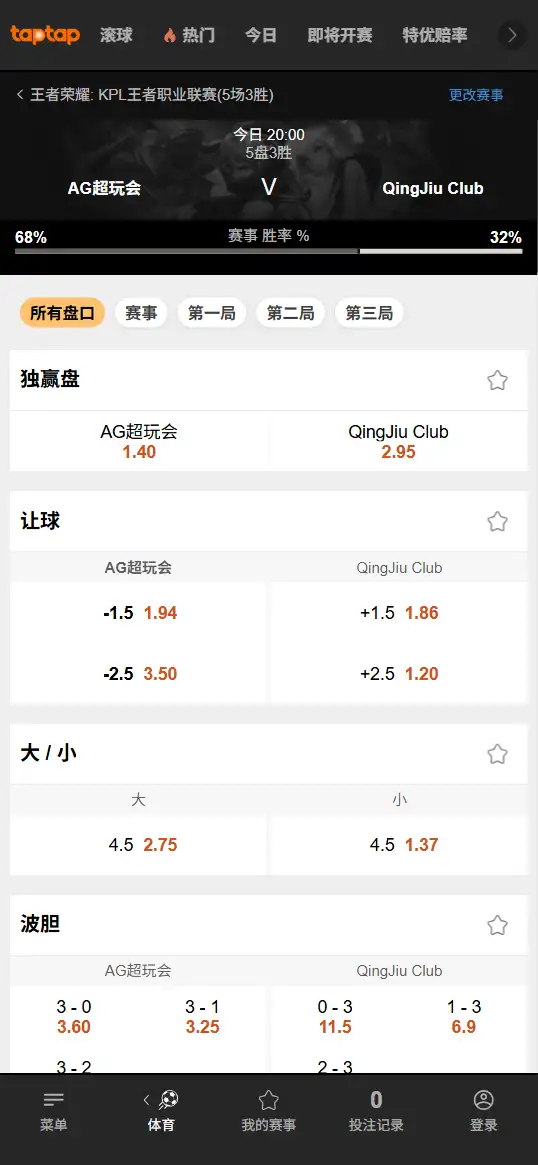成都AG超玩会vs桐乡情久 - 2026王者荣耀KPL - 赔率盘口信息188bet(TapTap)提供