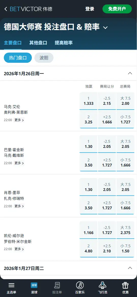 斯诺克德国大师赛 - 首日比赛赔率和盘口信息-伟德(betvictor)提供