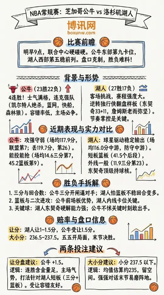 公牛vs湖人 | NBA常规赛 | 赔率走势 | 前瞻分析与投注建议