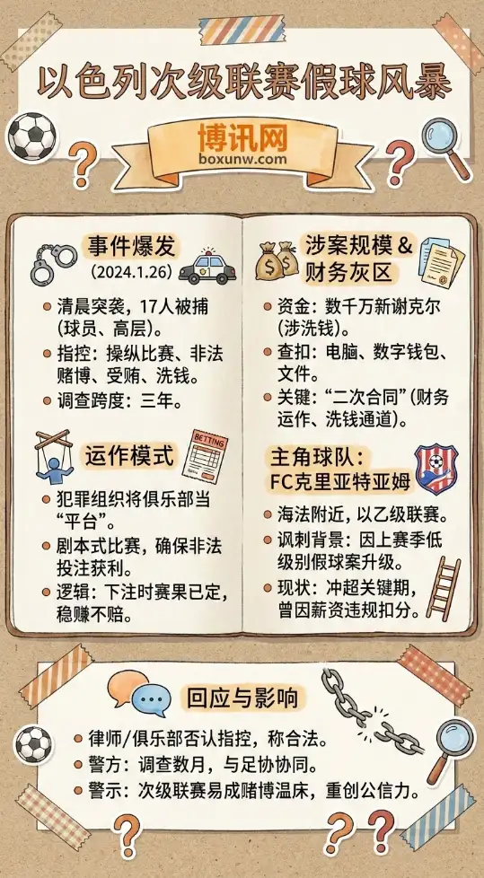 以色列足球假球 | FC克里亚特亚姆17人被捕 | 涉赌洗钱与二次合同