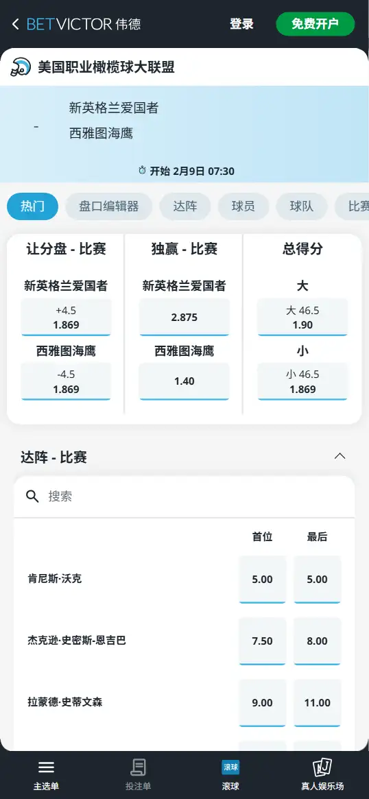 海鹰vs爱国者|超级碗赔率盘口信息 - 伟德(BetVictor)