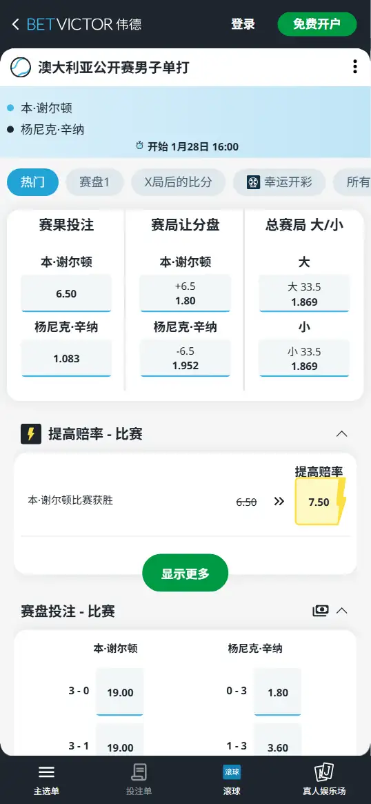 谢尔顿vs辛纳 - 2026澳网男单1/4决赛 - 赔率盘口信息 - 伟德(BetVictor)