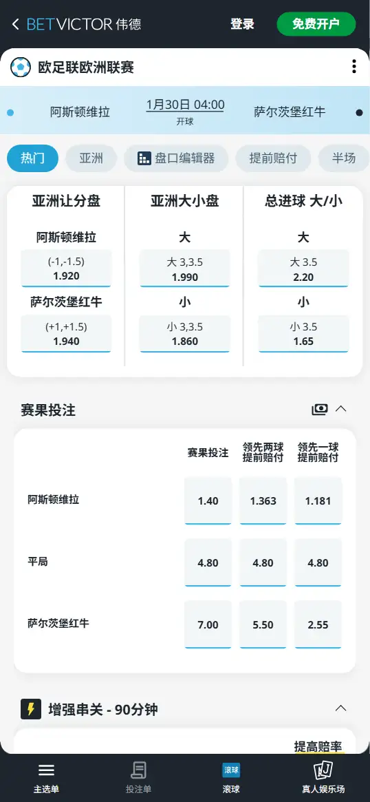阿斯顿维拉vs萨尔茨堡红牛，欧联赔率和盘口信息-伟德(BetVictor)提供