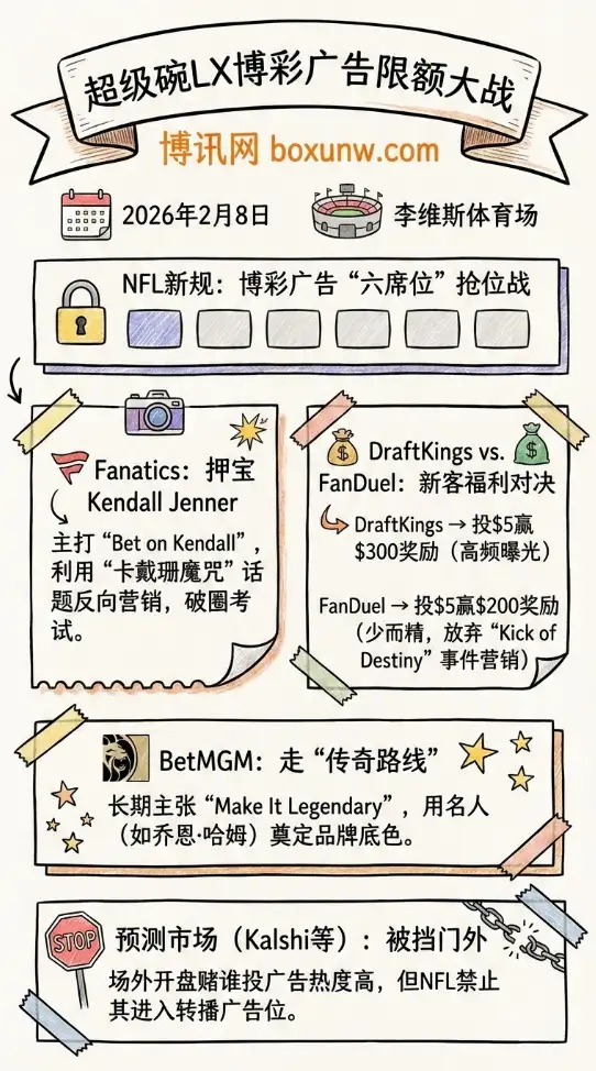 超级碗LX博彩广告限额 | 6个席位引爆抢位战 | 预测市场被挡在门外