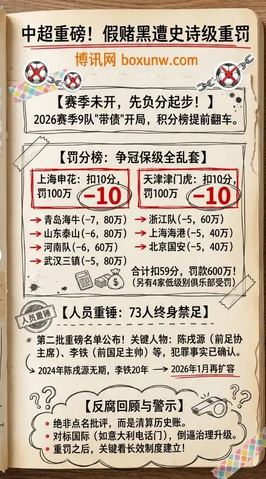 中超假赌黑重罚落地 | 9队负分起步 申花津门虎各扣10分 73人终身禁足