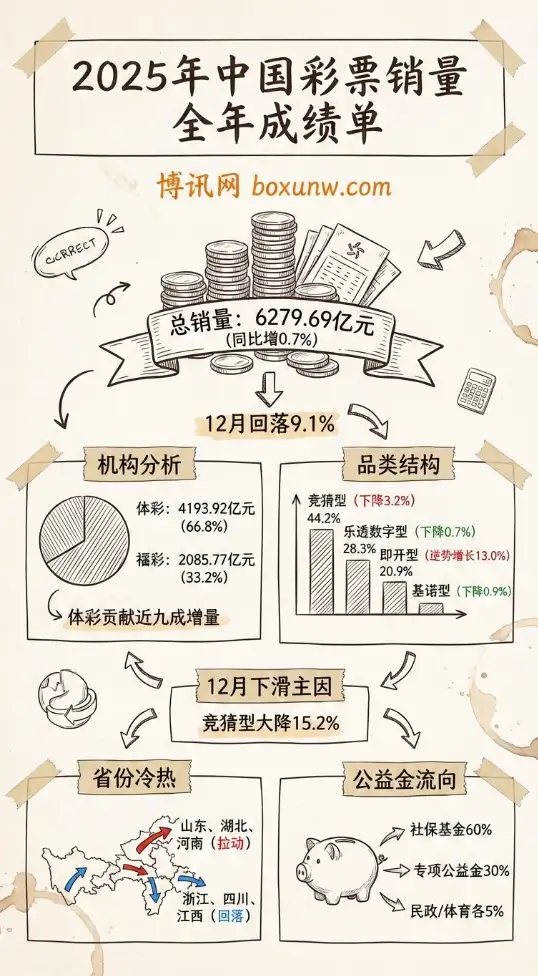 2025年中国彩票销量6279.69亿元｜财政部发布全年成绩单｜增速降至0.7% 12月回落9.1%