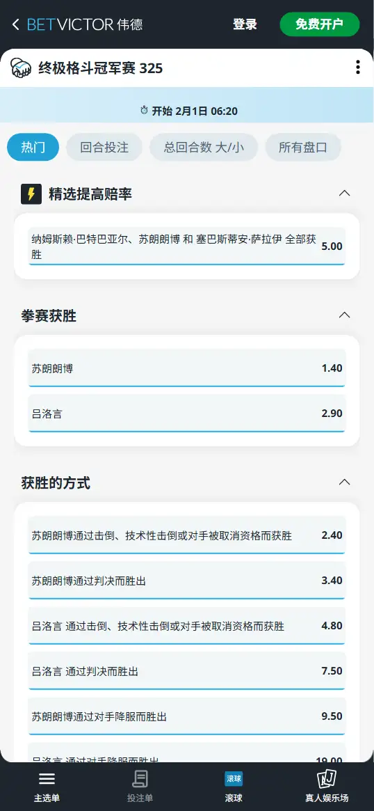 UFC325 - UFC悉尼 - 苏朗让波 - 赔率和盘口信息 - BetVictor伟德