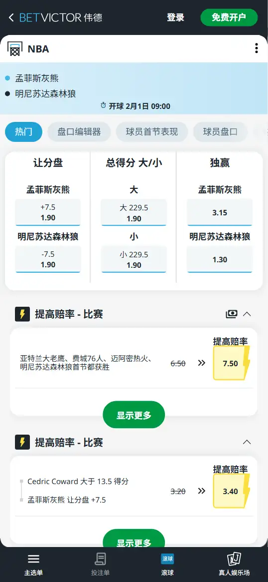 灰熊vs森林狼-NBA博彩赔率和盘口信息-伟德(betvictor)提供