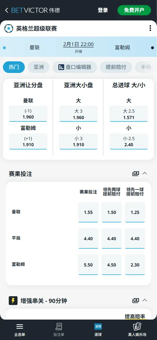 曼联vs富勒姆，欧冠赔率和盘口信息-伟德(BetVictor)提供