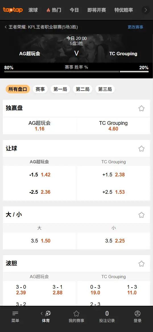 成都AG超玩会 vs 无锡TCG - 2026王者荣耀KPL - 赔率盘口信息188bet(TapTap)提供