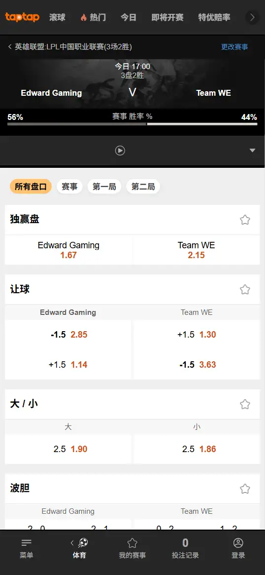 EDG对战WE - 2026英雄联盟LPL - 赔率盘口信息188bet(TapTap)提供