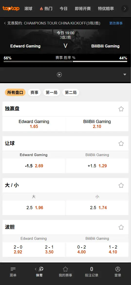 EDG对战BLG - 无畏契约VCT CN启点赛突围组 - 赔率信息188bet(TapTap)