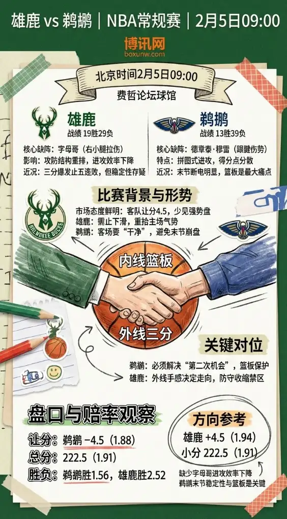 雄鹿vs鹈鹕 | NBA常规赛 | 数据前瞻与盘口投注解读