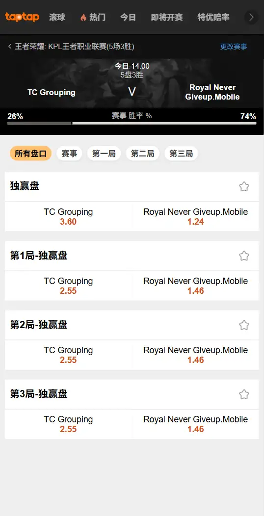 无锡TCG vs 上海RNG.M - 2026王者荣耀KPL - 赔率盘口信息188bet(TapTap)提供