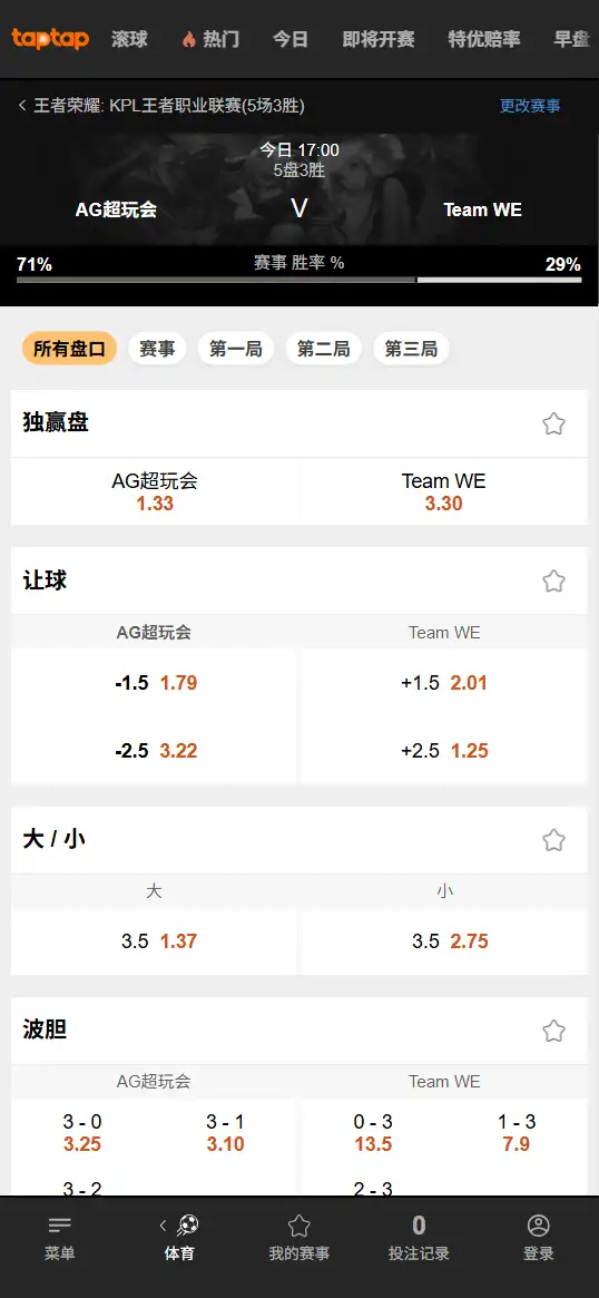 成都AG超玩会 vs 西安WE - 2026王者荣耀KPL - 赔率盘口信息188bet(TapTap)提供