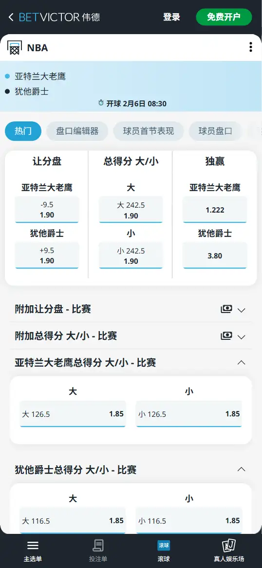 老鹰vs爵士-NBA博彩赔率和盘口信息-伟德(betvictor)提供