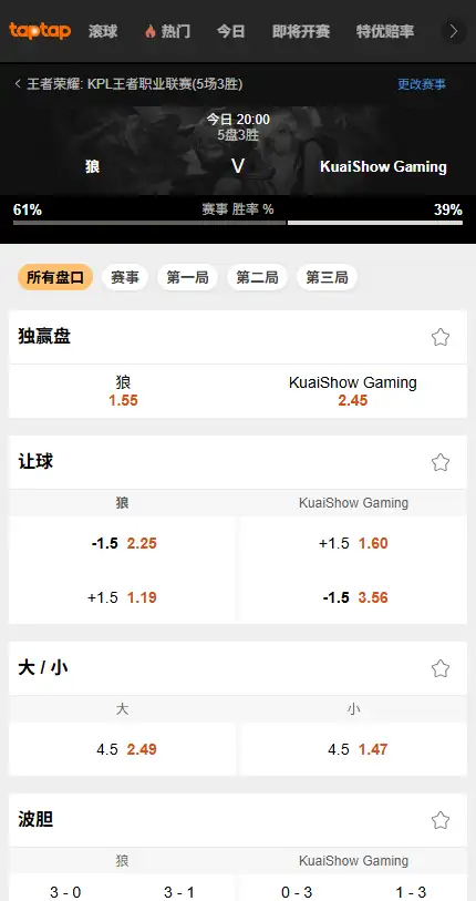 重庆狼队 vs KSG - 2026王者荣耀KPL - 赔率盘口信息188bet(TapTap)提供