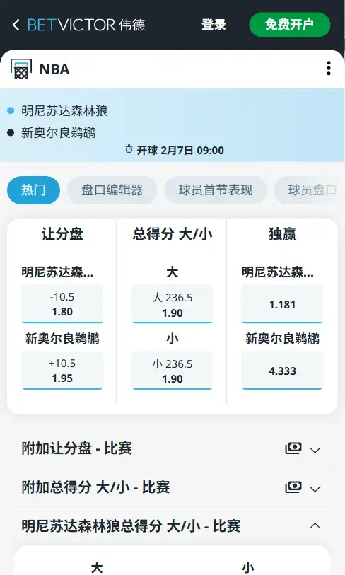 森林狼vs鹈鹕-NBA博彩赔率和盘口信息-伟德(betvictor)提供