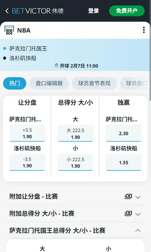 国王vs快船-NBA博彩赔率和盘口信息-伟德(betvictor)提供