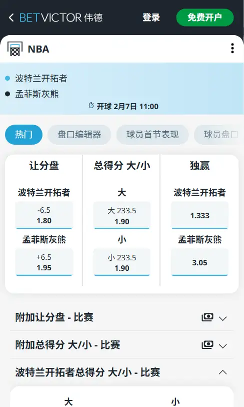 开拓者vs灰熊-NBA博彩赔率和盘口信息-伟德(betvictor)提供