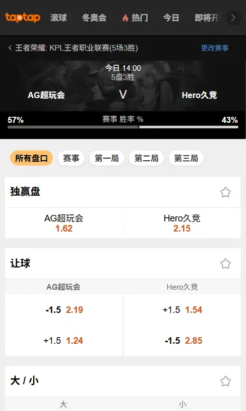 成都AG超玩会 vs 南通Hero久竞 - 2026王者荣耀KPL - 赔率盘口信息188bet(TapTap)提供