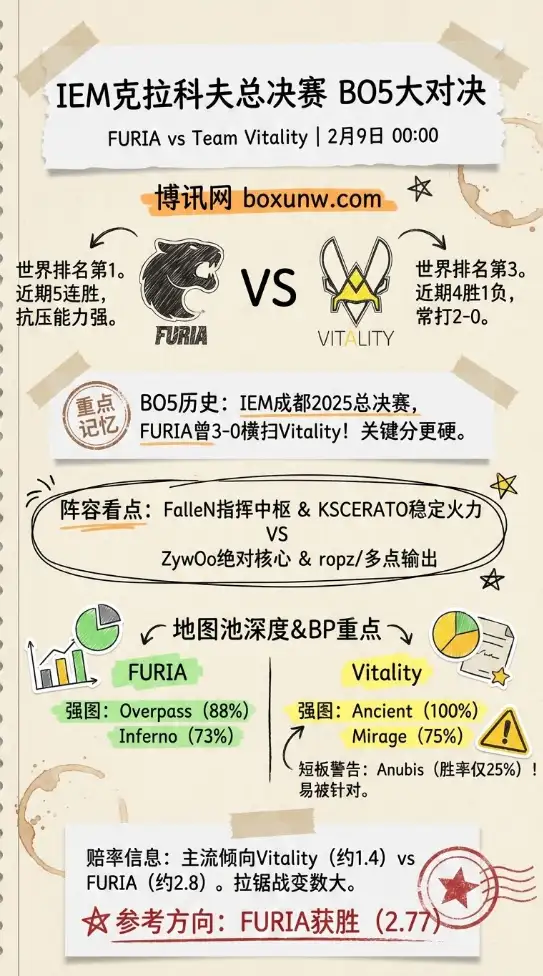 FURIA对战Vitality | IEM克拉科夫总决赛BO5 | 数据前瞻与赔率