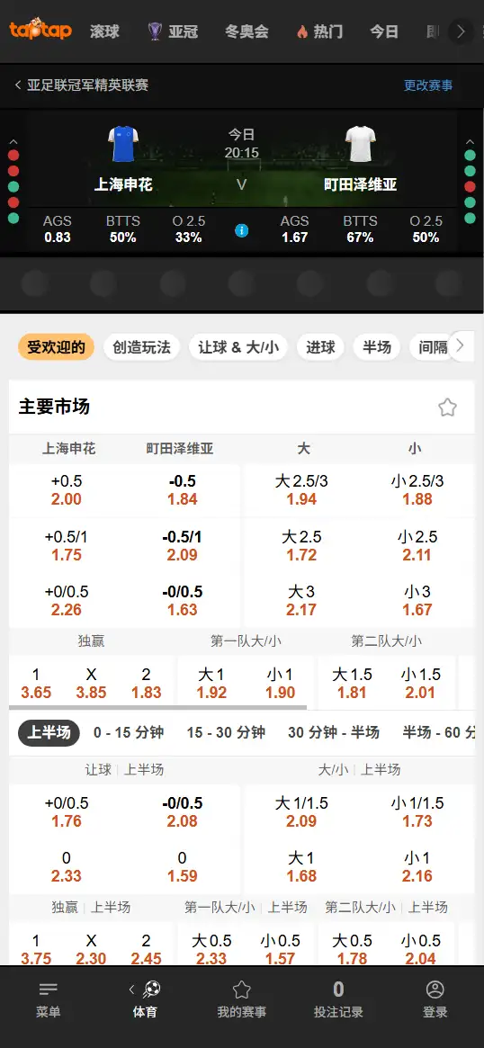 上海申花vs町田泽维亚，亚冠赔率和盘口信息-188bet(TapTap)提供