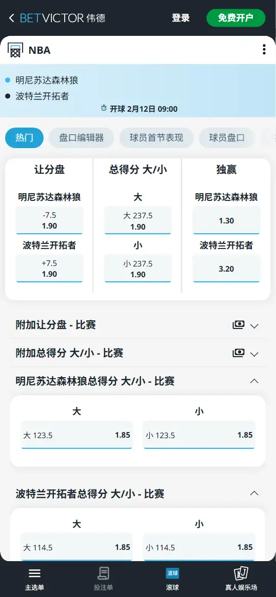 森林狼vs开拓者-NBA博彩赔率和盘口信息-伟德(betvictor)提供