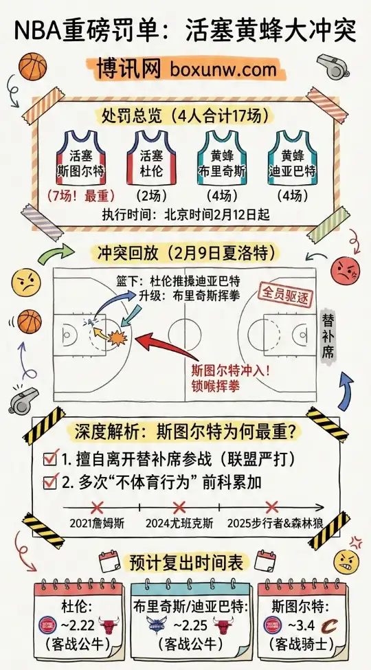 NBA禁赛处罚出炉 | 活塞黄蜂冲突细节回放 | 斯图尔特7场最重