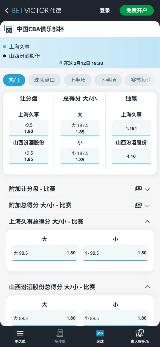 上海vs山西-CBA俱乐部杯决赛 - 赔率和盘口信息-伟德(betvictor)提供