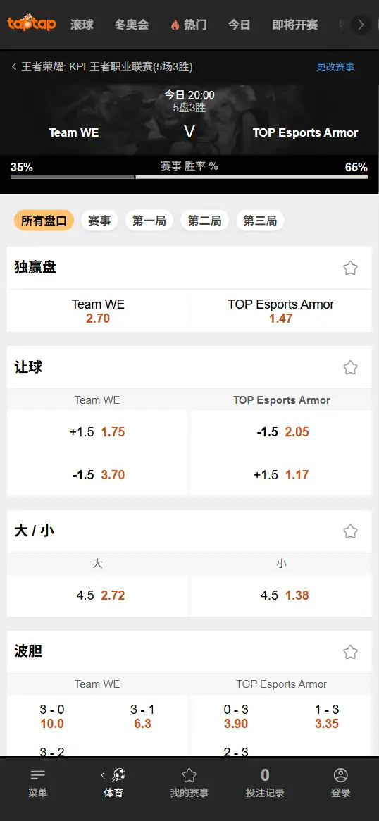 WE对战TES.A - 2026王者荣耀KPL - 赔率盘口信息188bet(TapTap)提供