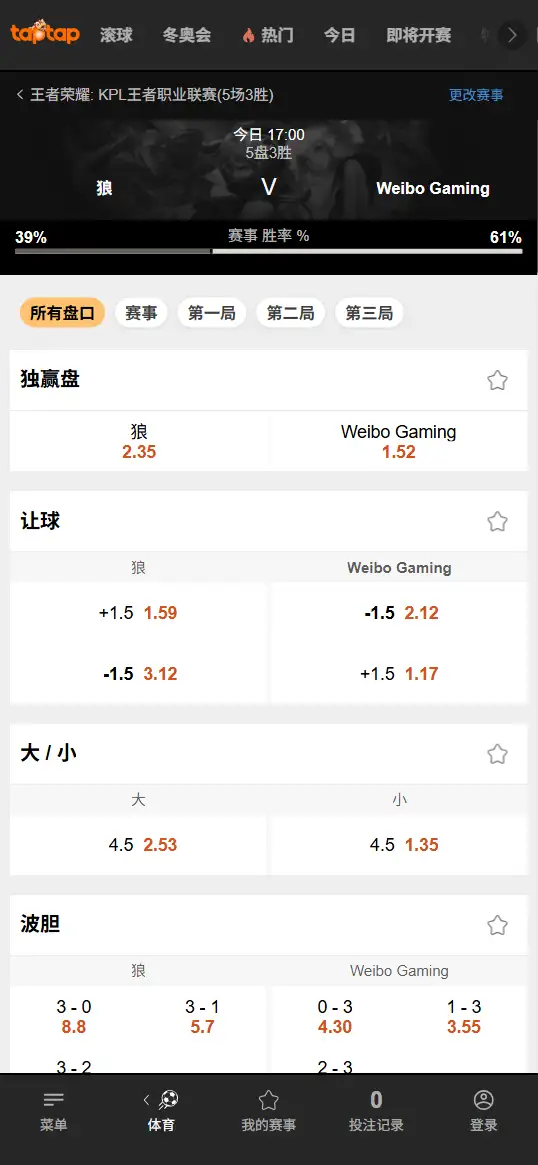 WB vs 狼队 - 2026王者荣耀KPL - 赔率盘口信息188bet(TapTap)提供