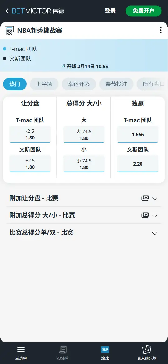 T-Mac团队 vs 文斯团队 | 2026 NBA新秀挑战赛赔率和盘口-伟德(betvictor)提供