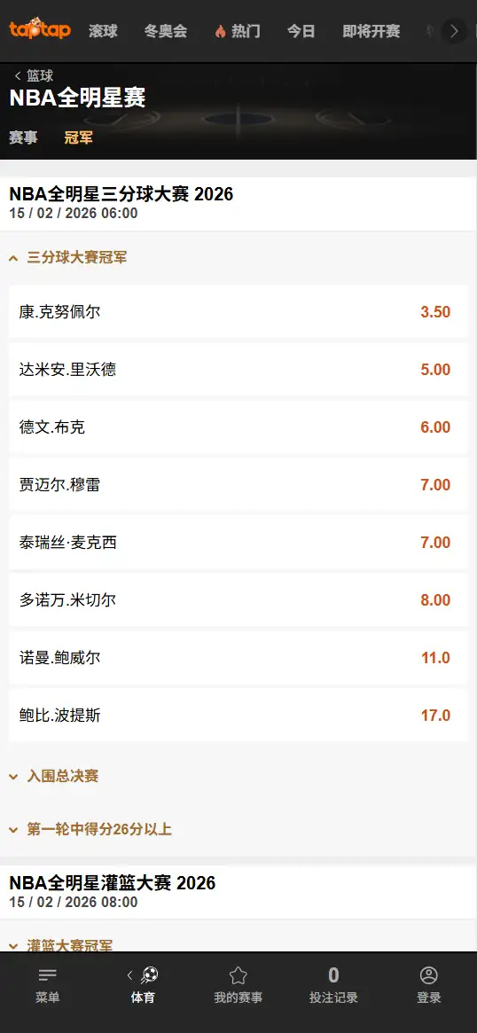 2026NBA全明星三分大赛赔率数据-盘口信息-188bet(TapTap)