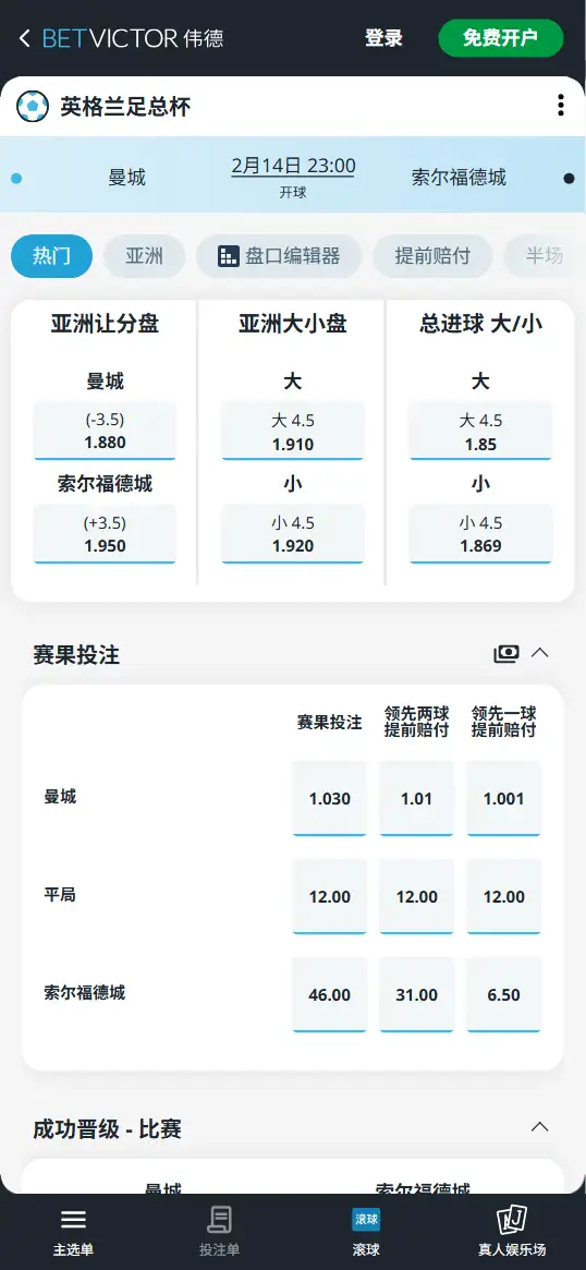 曼城vs索尔福德城，足总杯赔率和盘口信息-伟德(BetVictor)提供