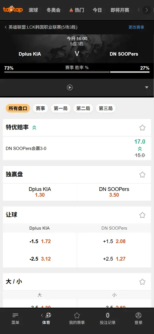 DK对战DNS - 2026英雄联盟LCK杯 - 赔率盘口信息188bet(TapTap)提供