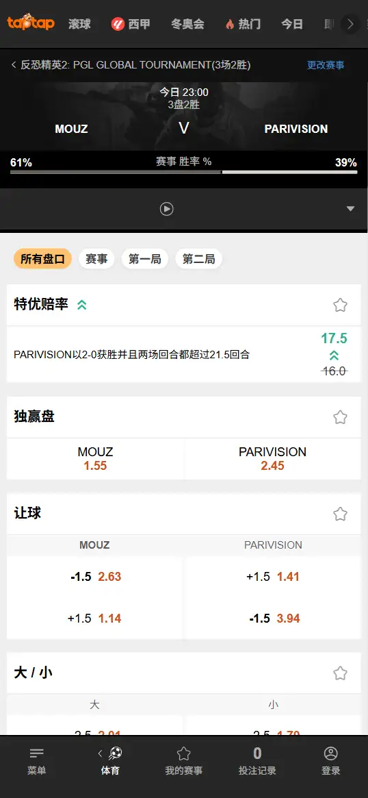 PARIVISION对战MOUZ - PGL 克卢日-纳波卡 - 赔率盘口信息188bet(TapTap)提供